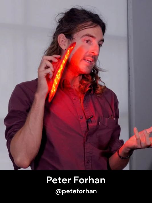 Man with long hair holding a glowing red object, with 'Peter Forhan' and '@peteforhan' text at the bottom.